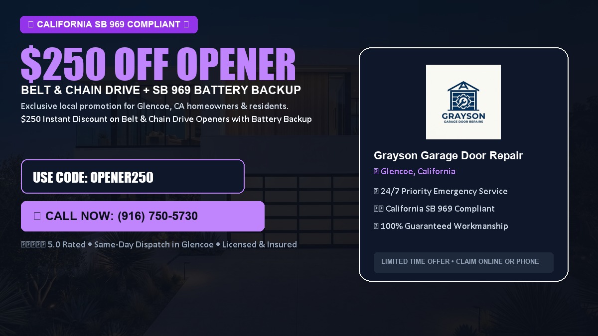 $250 OFF Smart Garage Door Opener Installation (Belt & Chain Drive with California SB 969 Battery Backup) in Glencoe, CA